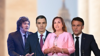 De izquierda a derecha: Javier Milei, presidente de Argentina; Pedro Sánchez, presidente de España; Dina Boluarte, presidenta de Perú; Emmanuel Macron, presidente de Francia. (Ecuavisa)
