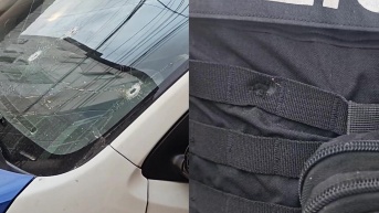 Imagen del patrullero baleado y del chaleco antibalas del policía que fue alcanzado por uno de los disparos. (Cortesía)