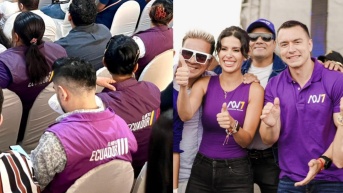 Imagen de funcionarios públicos con chalecos morados en una reunión y Diana Jácome con Daniel Noboa, realizando campaña electoral el pasado fin de semana. (Televistazo)