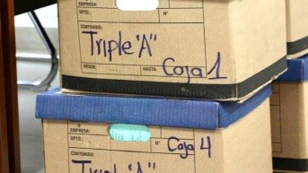 Imagen de los expedientes del caso Triple A, en el Complejo Judicial Norte de Quito. (Fiscalía General del Estado)