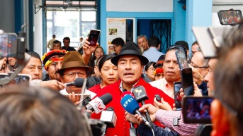 Leonidas Iza, presidente de la Conaie, en declaraciones a la prensa. (Conaie)