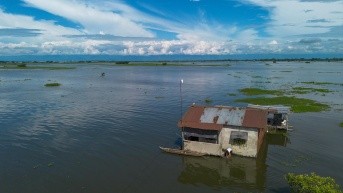 Imagen del 4 de marzo de 2025 de casas afectadas por una inundación en Jujan, Guayas. (Mauricio Torres / EFE)