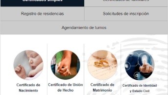 El certificado de nacimiento se solicita en la opción Certificados Simples. (Registro Civil)