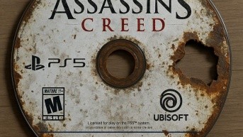 Disco de un reconocido título de UBISOFT en muy mal estado (Foto generada por IA)