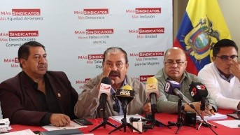 Quito, jueves 24 de julio del 2025. La rueda de prensa del Frente Unitario de los Trabajadores. (ROLANDO ENRIQUEZ)