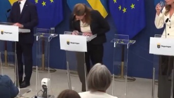 Momento de la fuerte caída de la ministra de Salud de Suecia, Elisabet Lann (Captura de pantalla)