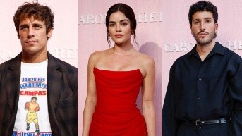 Martiño Rivas, Lucy Hale y Sebastián Yatra en el desfile de Carolina Herrera en Madrid. (Daniel González / EFE)