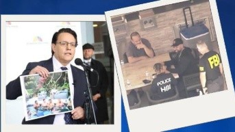 1. Izq. Fernando Villavicencio mostrando foto de Xavier Jordán. 2. Der. Allanamiento en la casa de este último. (Composición: Ecuavisa)