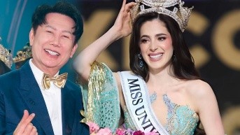 Nawat Itsaragrisil, presidente de Miss Grand International, y la MissUniverse México Fátima Bosch. (Ecuavisa (Alvaro Chiriboga))