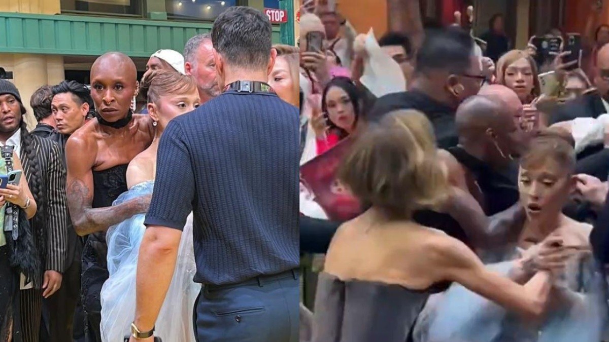 Momento en que Cynthia Erivo aparta al acosador de Ariana Grande. (RRSS)