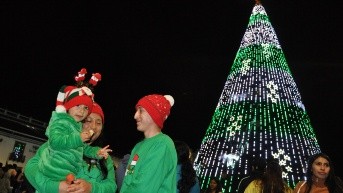 Un árbol navideño gigante en Cuenca, en diciembre 2024, atrae a turistas locales y nacionales. (API)