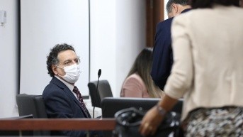 Audiencia de acción de protección del excontralor, Pablo Celi, en contra de la Fiscal General, Diana Salazar. Complejo Judicial Norte, en 2022. (Foto: API)