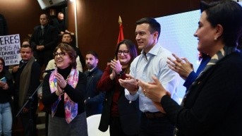 El presidente Daniel Noboa durante un evento en Madrid, España, este 4 de diciembre. (Juan Diego Montenegro/Presidencia de la República)