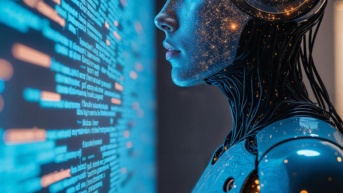 Robot IA mirando códigos de una computadora. (Freepik)