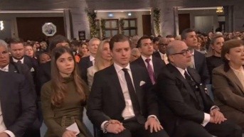 El presidente Daniel Noboa durante la ceremonia de entrega del Premio Nobel de la Paz 2025. (Captura de pantalla)