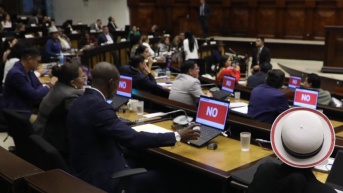 Imagen de legisladores correístas votando por el No en la Asamblea Nacional. (Asamblea Nacional)