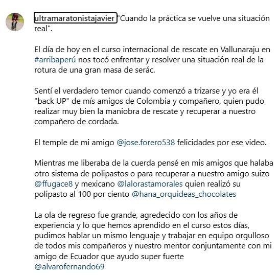 Texto de la publicación de IG de montañista tras emergencia en Perú. (Foto: IG Javier Rivadeneira)