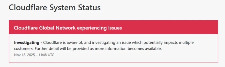 Estado de Cloudflare a las 7h00 el 18 de noviembre del 2025 (Captura de pamtalla)