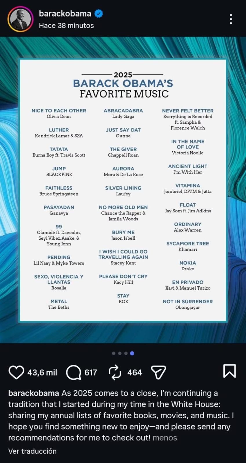 Listado de lo más escuchado de Barack Obama. (Captura de Pantalla)