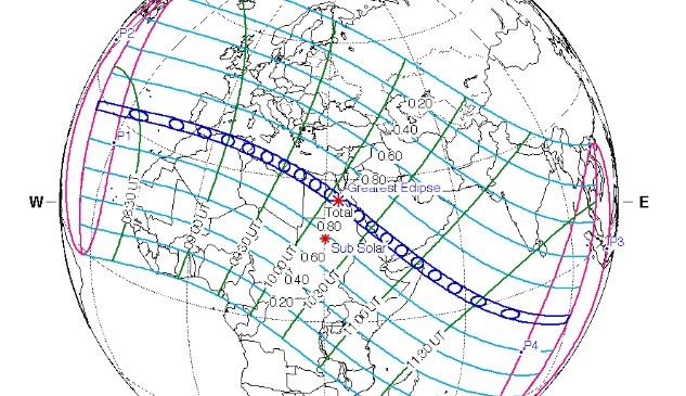 Proyecciones de la NASA de la trayectoria de la luna durante el eclipse. Egipto es la zona más privilegiada dentro de la trayectoria.  (NASA)