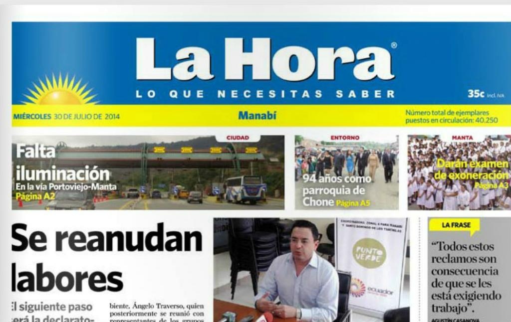 El diario regional La Hora de Manabí editó hoy su última publicación tras 16 años de circulación. Foto: Captura de Pantalla