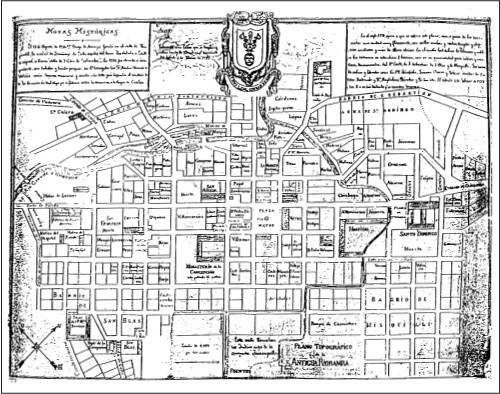 Plano de la Villa de Riobamba, antes del Terremoto de 1797. (José Egred - Libro 'Terremoto de Riobamba')