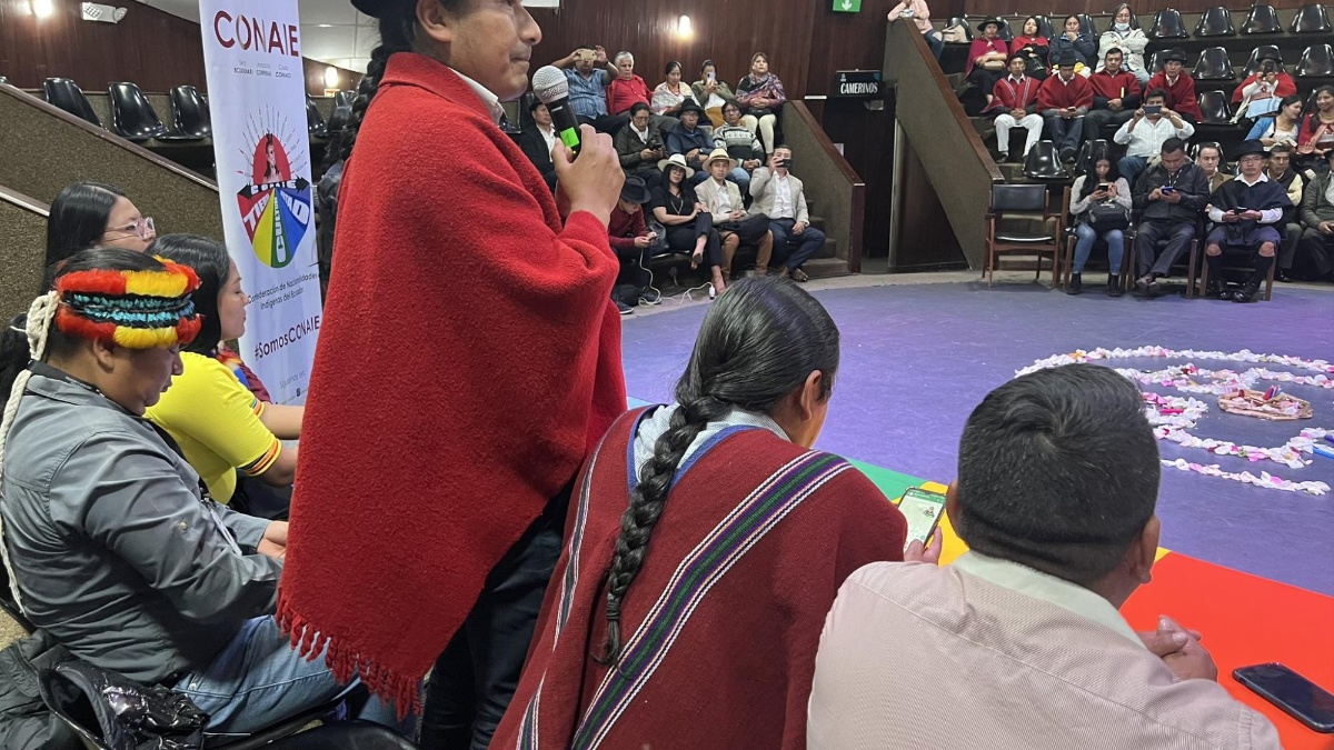 Leonidas Iza en el Consejo Ampliado de la Conaie. (Foto: Conaie.)