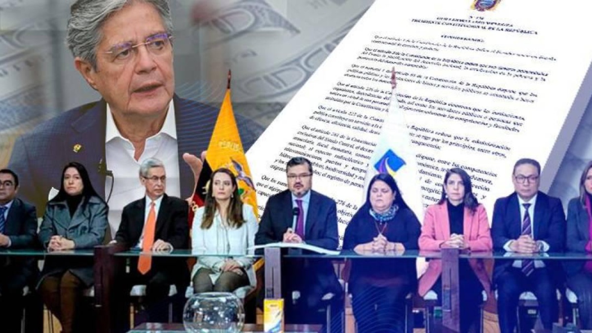 Composición con jueces de laCorte Constitucional y el presidente Guillermo Lasso de fondo. (Eli Valencia / Ecuavisa)