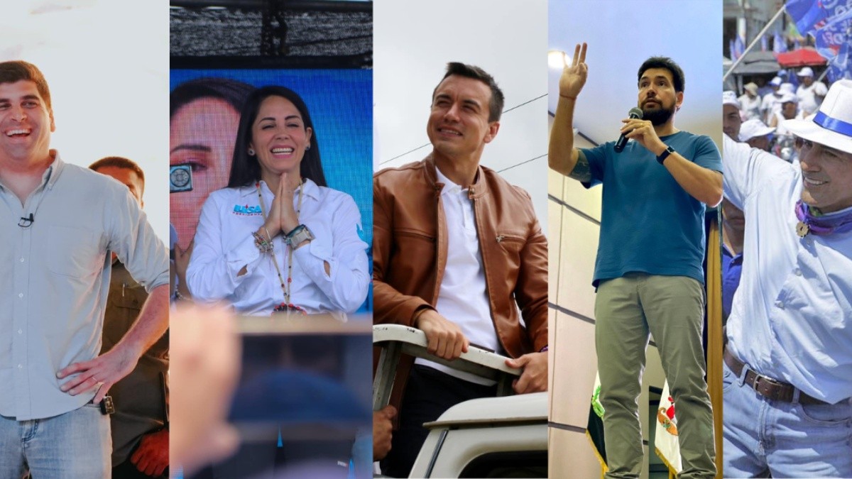 Otto Sonnenholzner, Luisa González, Daniel Noboa, Jan Topic y Yaku Pérez en campaña. (Composición)