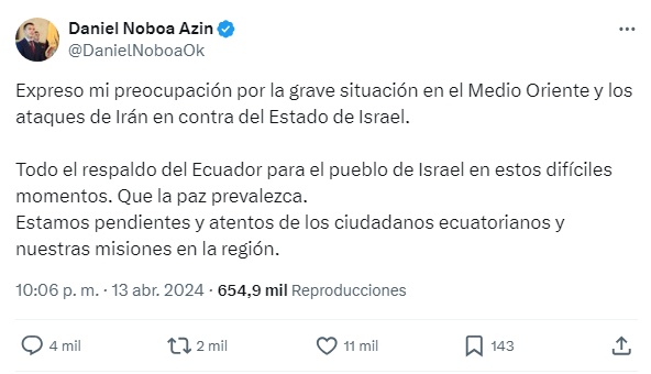 Mensaje de Daniel Noboa sobre el ataque de Irán a Israel. (Captura de pantalla)