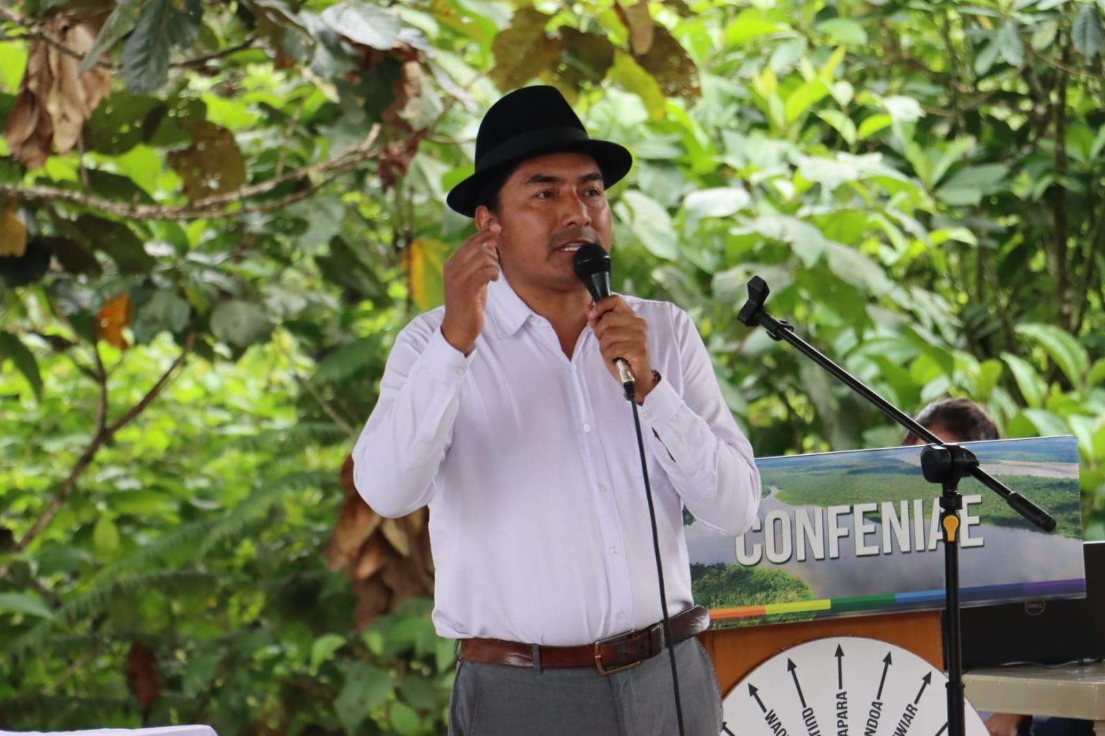 Leonidas Iza, presidente de la Conaie, en un Consejo de Gobierno. (Conaie)