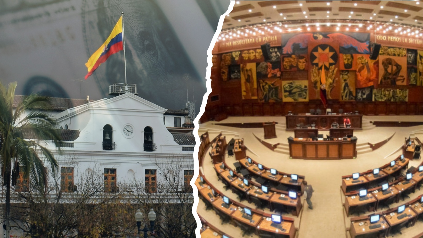 Imagen referencial del Palacio de Carondelet (izq.) y del Pleno de la Asamblea Nacional (der.). (Composición Ecuavisa.)