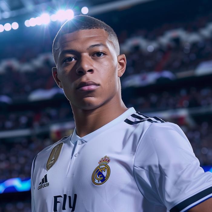 Mbappé con la camiseta del Real Madrid en el Bernabéu. (IA)