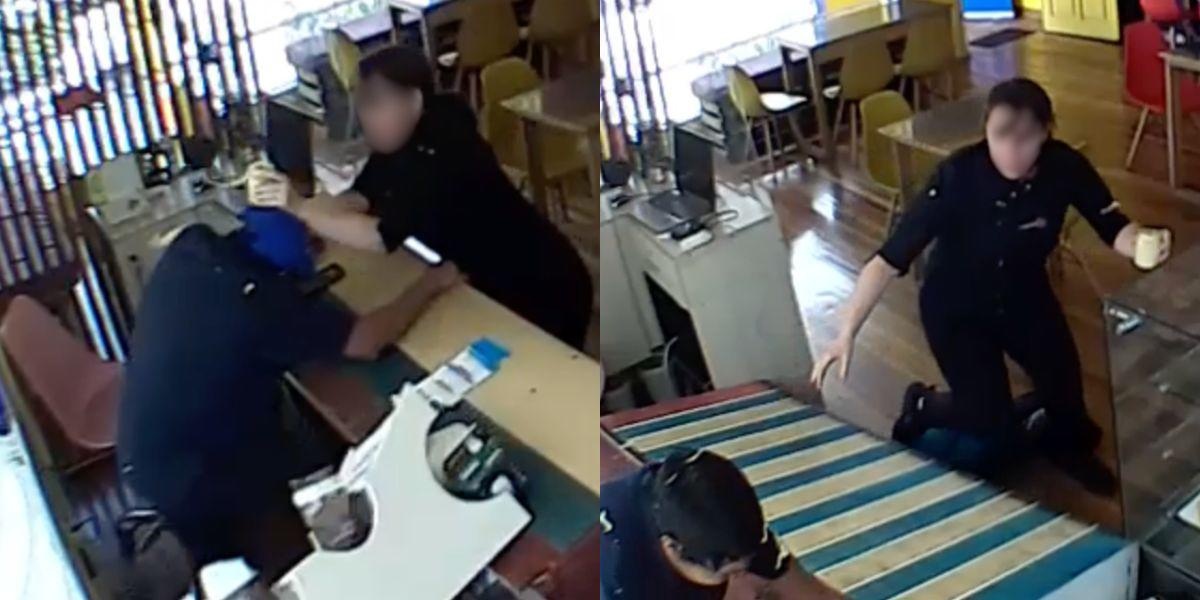 Momento en el que María neutralizó al individuo que ingresó a su pastelería en Quito. (Captura de pantalla)