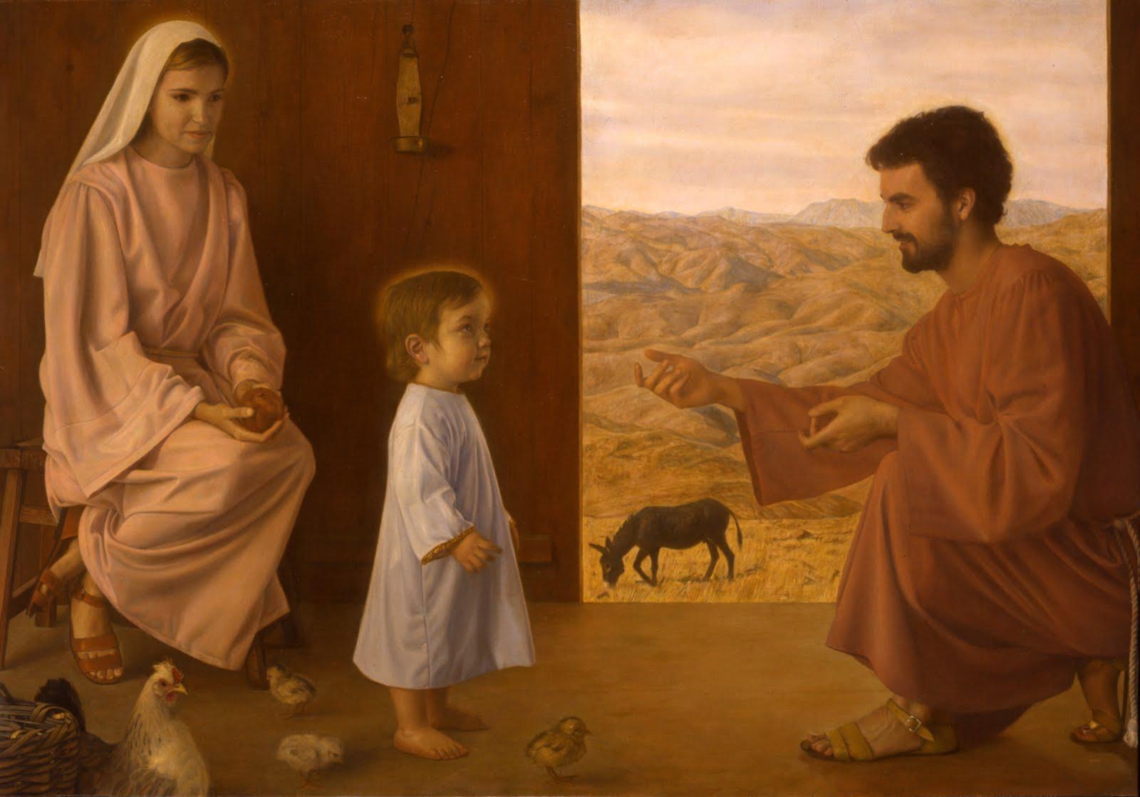 Representación de Jesús dando sus primeros pasos en el hogar de Nazaret. (Cuadro del artista Arístides Artal)