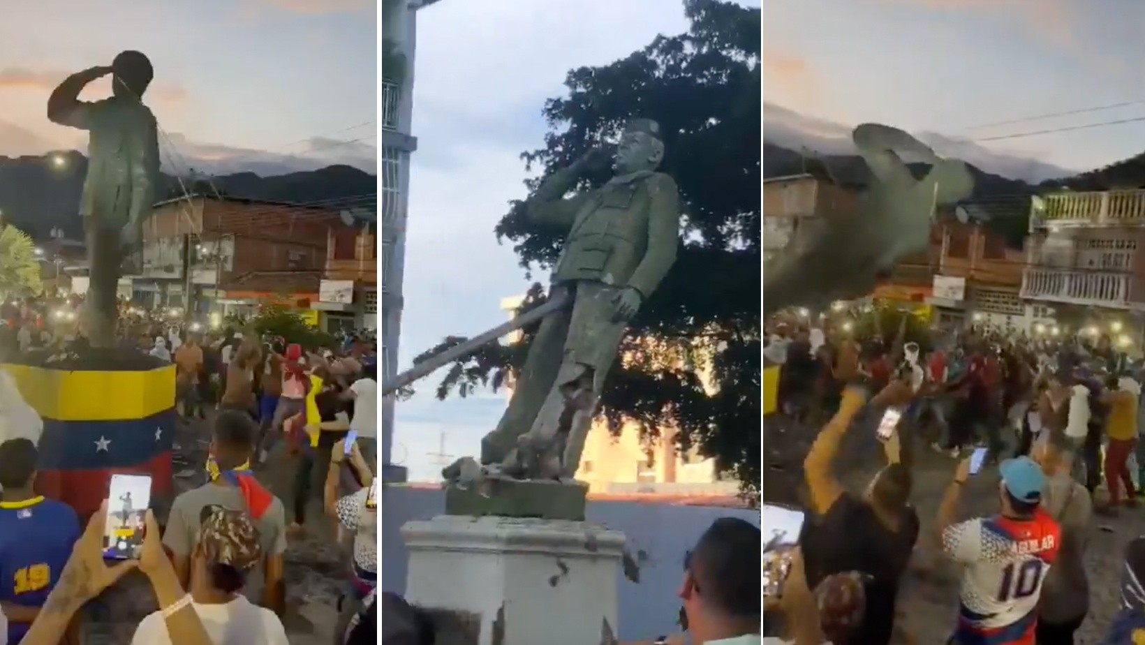 Las estatuas del expresidente Hugo Chávez fueron derribadas por los ciudadanos en varios puntos del país. (Captura de pantalla)