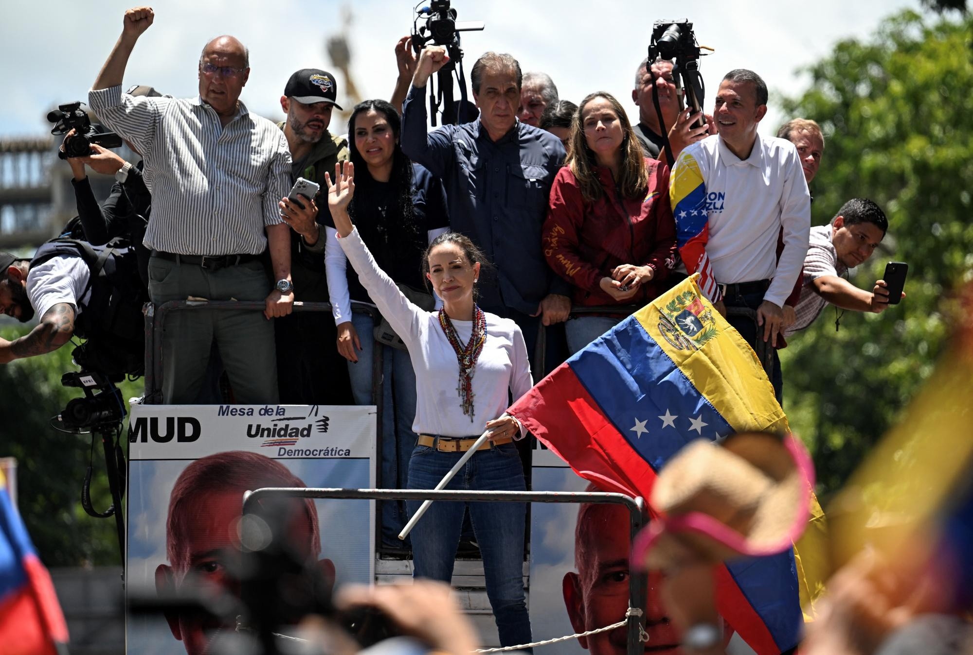 María Corina Machado llegó a la protesta que convocó para el 3 de agosto. (AFP)