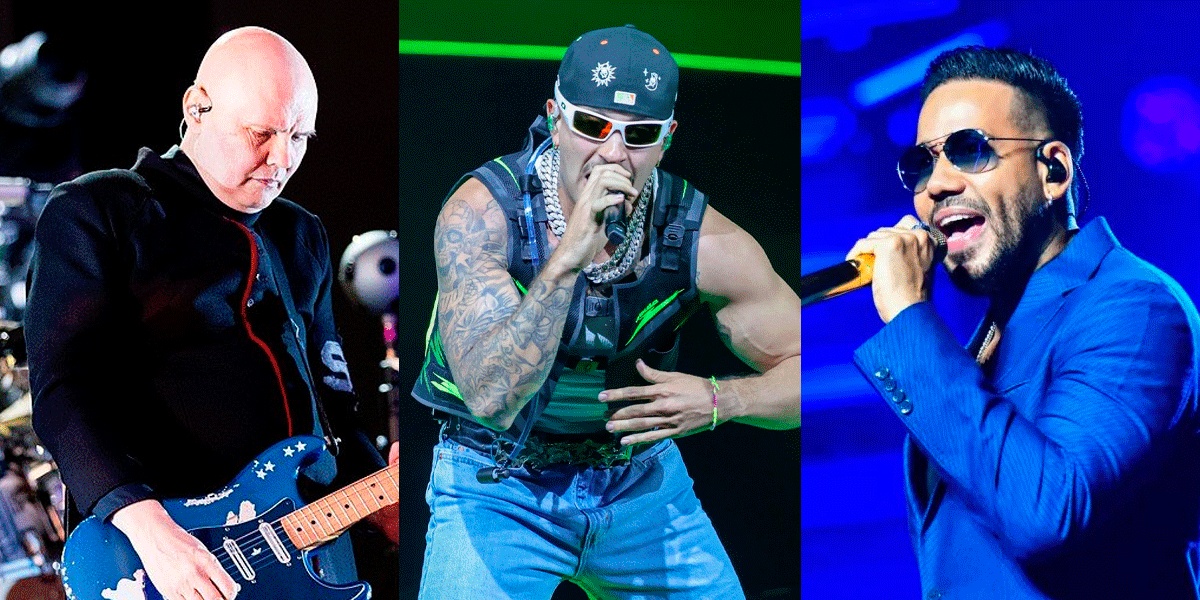 Imágenes de archivo de conciertos de The Smashing Pumpkins, Feid y Aventura, conformado por el vocalista Romeo Santos. (COMPOSICIÓN / JHOSUE VITE)