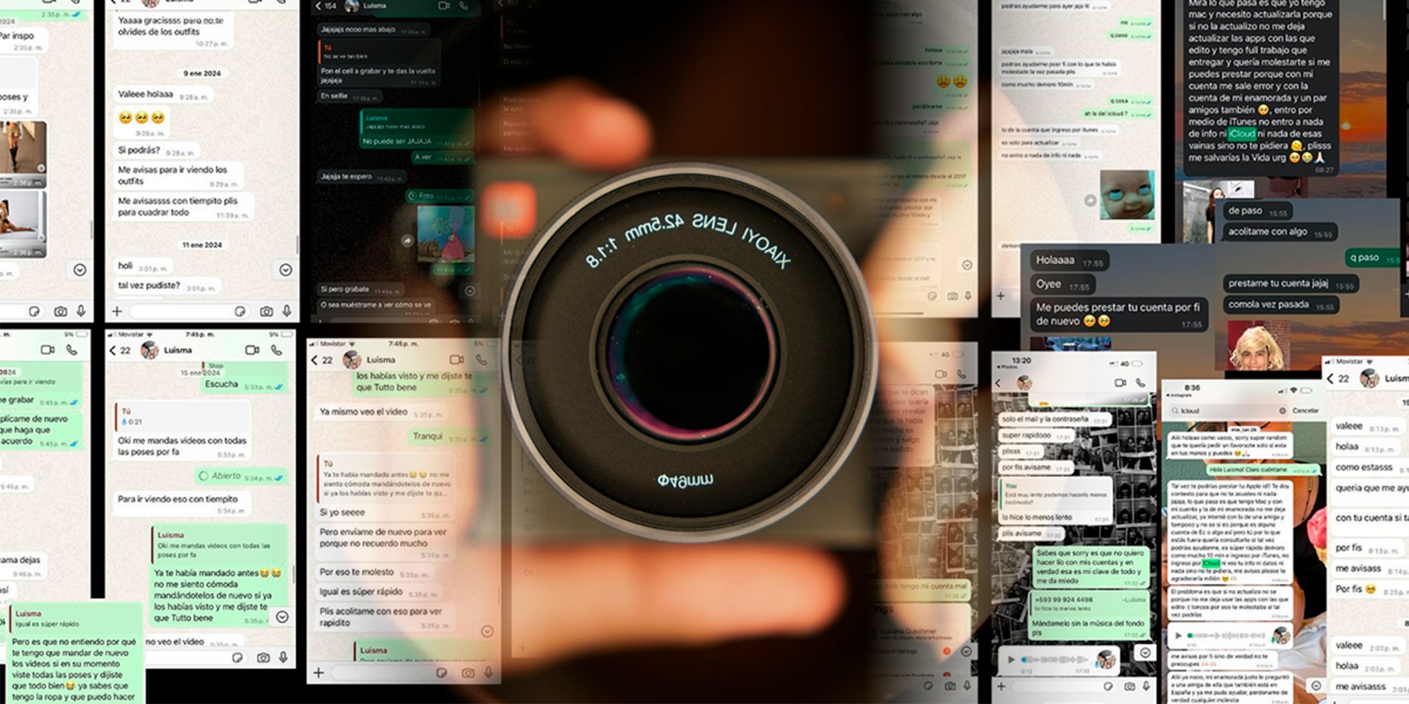 Imagen referencial de un fotógrafo y capturas de pantalla de chats difundidos en las acusaciones contra I. Visual. (COMPOSICIÓN)