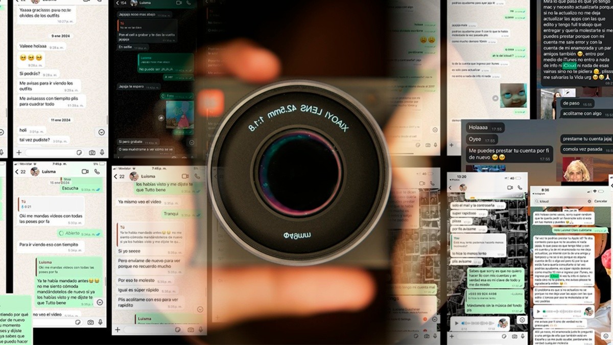 Imagen referencial de un fotógrafo y capturas de pantalla de chats difundidos en las acusaciones contra I. Visual. (COMPOSICIÓN)