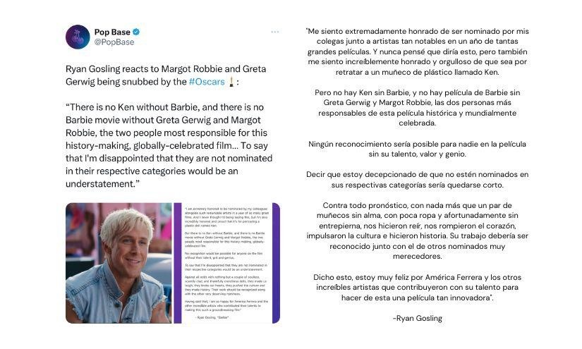 Ryan Gosling, intérprete de Ken en el film, se pronunció sobre su nominación y la discriminación hacia Margot y Greta   (Captura de pantalla)