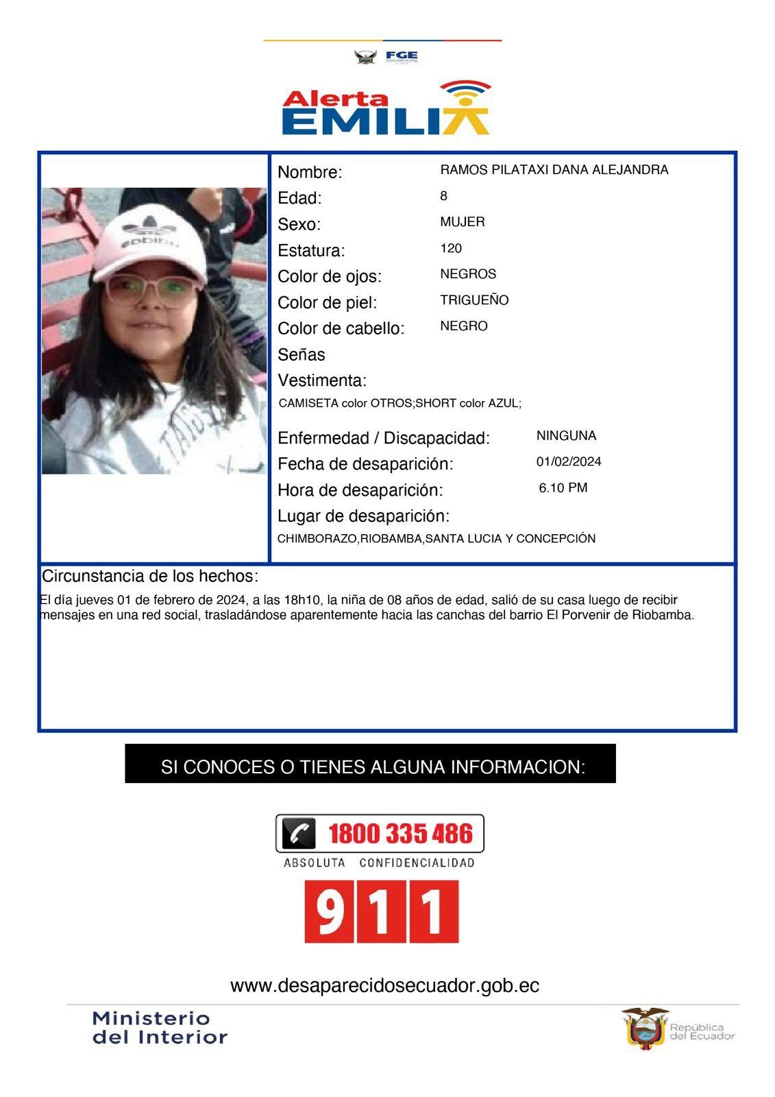 Foto de la alerta Emilia emitida para encontrar a Dana Ramos Pilataxi (Ministerio del Interior)