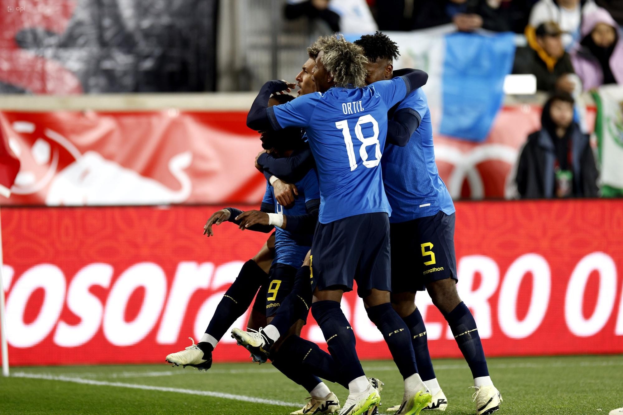 Jugadores de la Selección de Ecuador celebran el gol de John Yeboah (API)